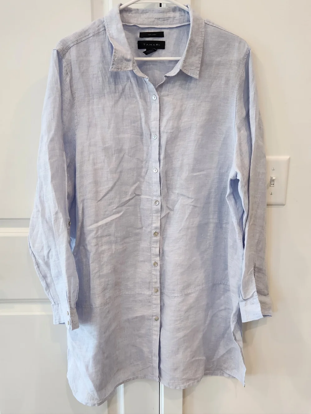 Tahari Pale Blue Linen Button-Front Shirt - Picture 1 of 6